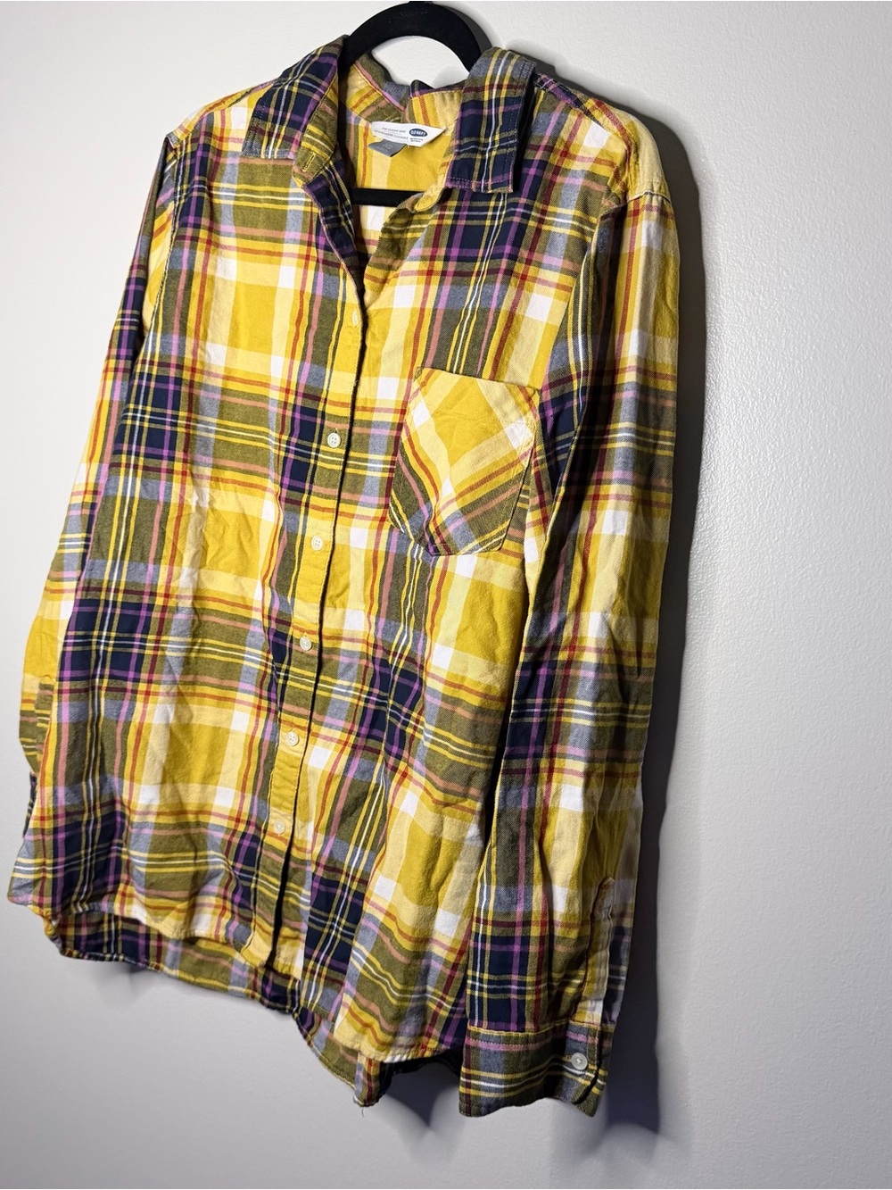 Old Navy Yellow Plaid Button-Down Flannel Shirt with Purple and Navy Stripes